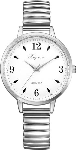JewelryWe Damenuhr Silber Elastische Uhr: Klassische Einfache Analog Quarz Armbanduhr Damen Edelstahl Stretch-Armband Dünne Uhr mit Zugarmband & großem runden Zifferblatt