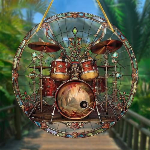 WOHAHA Vintage Drums Acrylic Window Hanging Music Equipment Stained Suncatchers for Window Acrylic Panels Bedroom Garden Kitchen Wall Decoration Gifts for Women Mom Grandma Teacher