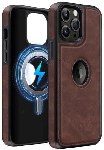 MOBESV Cover in Pelle con Vista del Logo per iPhone 13 PRO 6,1 Pollici, Custodia Magnetica Compatibile con MagSafe, Cover Sottile Classica ed Elegante, Marrone Scuro