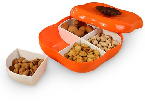Buachois Snack Serving Tray,Persimmon Shape Dry Fruit Tray 4 Compartments Fruit Box Platter Food Storage Container Divided Serving Tray with Lid Cookie Tray for Home Living Room