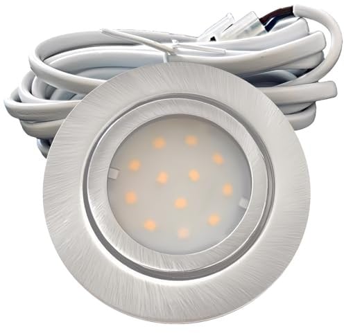 Rolux IP44 Möbel Einbauleuchte Leni 12V flach 1 x 2,2W LED-Einbaustrahler 55mm Lochausschnitt 240lm Edelstahl geb. inkl. LED Trafo, AMP Verteiler, 230V Zuleitung mit Schnurschalter 4000K Neutralweiß