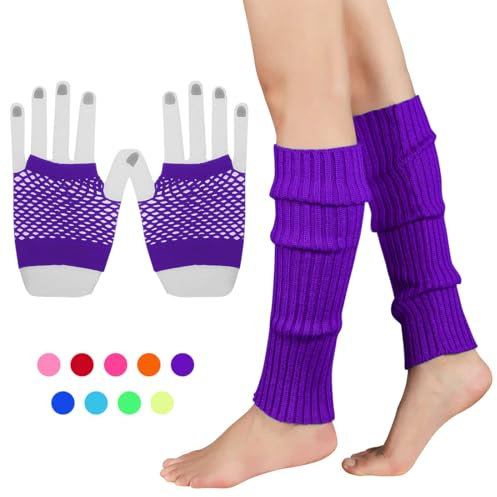 INGJIA Fischnetz Handschuhe,Elastische Neon Beinstulpen und Netzhandschuhe Set 80er Jahre Kostüm Zubehör(Lila)