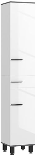 HOMCOM Colonna Bagno Moderna con Cassetto, 34x32x190 cm Bianco Lucido | 2 Armadietti, Mobiletto Bagno Salvaspazio Alto, 2 Ante, Ripiani Regolabili, Legno