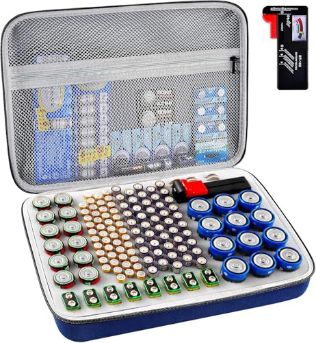 GWCASE 150+ Batterie Organizer mit Tester für Zuhause und Garage, Schwarz | Schaumstofffächer halten AA, AAA, 9V, C, D und Knopfzellen getrennt sortiert und sicher in der Hartschale