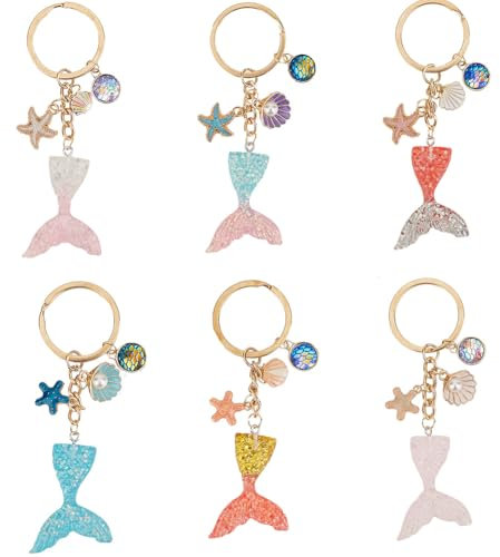 SOFPLATE Porte Clés Queue de Sirène avec Étoile de Mer, Coquillage en Résine, Alliage Émail Scintillant - 6 Pièces Charme Océan pour Femmes