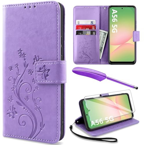 YIRSUR for Samsung Galaxy A56 Case with Screen Protector and Touch pen, Leather Flip Wallet Women Men Case Magnetic Closure Cover with Card Slots and Kickstand for Samsung A56 5G Phone Cover Purple