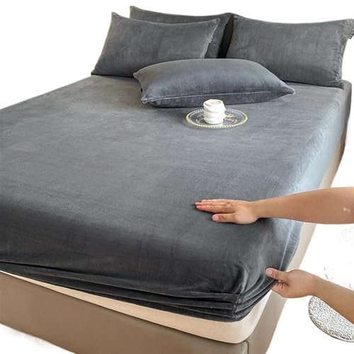 Drap Housse Flanelle Drap-housse élastique chaud et épais en flanelle de couleur unie, housse de matelas d'hiver réglable, linge de lit en velours, tailles 90/160/180/200 Drap Housse(Dark Grey,140x190