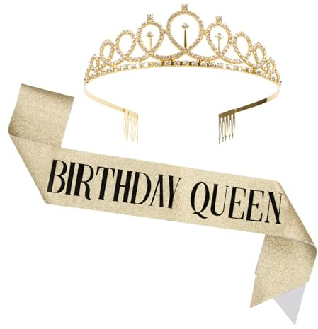 VewePata Geburtstags Krone,Kristall Prinzessin Diadem,Geburtstagsschärpe,Erwachsenwerden Zeremonie Jungesellinenabschied Accessoires, Party Dekoration Birthday Queen (Gold)