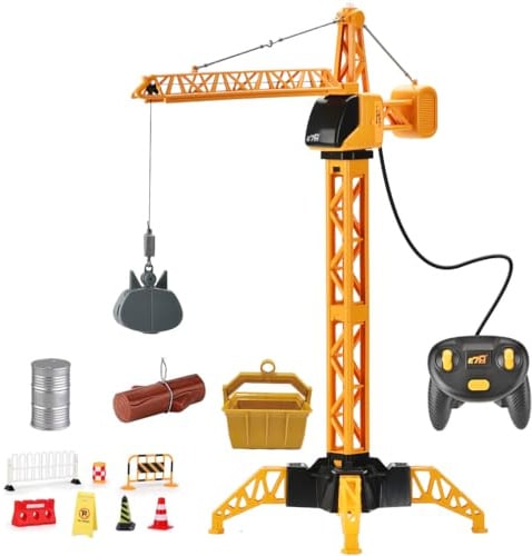 28-Inch RC Construction Tower Crane Toy for Kids, 4 Channel Remote Control Crane Toy with LED Light, Grabber, Log, Lifting Basket, 360° swivel, STEM Educational Learning Toys for Boys Ages 3 and Up