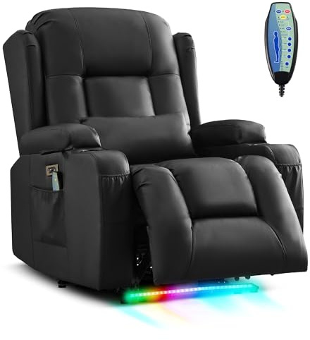 SITURAY Relaxsessel Fernsehsessel Elektrisch Verstellbar Massagesessel mit Liegefunktion Fußteil, Kunstleder TV Sessel mit Wärmefunktion, Kinosessel mit LED/USB für Wohnzimmer, bis 150 kg (1, Schwarz)