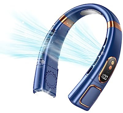 Neck Fan, Portable Neck Fan Rechargeable, Bladeless Fan with 5 Speeds, Light, LED Display & Ice Tiles, Wearable Hands-Free Personal Hanging Fan for Men & Women, Travel, Office, Home (Blue)