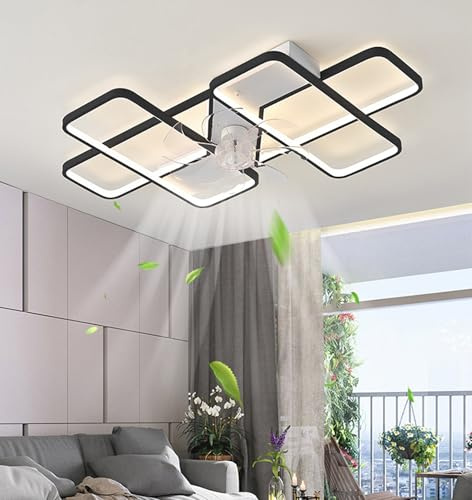 90CM Quiet LED Ceiling Fans with Lights,Dimmable 3000K-6500K,Modern Rectangular design Ceiling Fan with Lamp,Remote Control 6 Speed,Timing,70w Fan Lighting for Bedroom Living Room Fan Light (black)