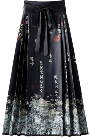 FQLGJMY Femmes Cheval Visage Jupe Plissée Cravate Jusqu'à A-Ligne Longue Impression Jupe Costume Traditionnel Chinois