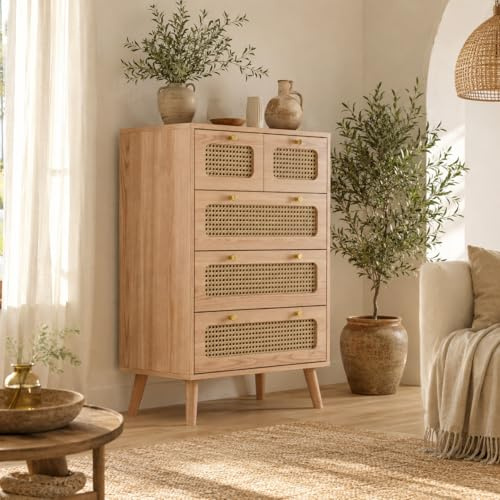 SUNFECILI Schubladenschrank aus Rattan,mit 5 Schubladen,Kommode im Boho Stil, Sideboard mit Kippschutz, mit Stauraum, für Schlafzimmer Wohnzimmer Flur,Holzfarben (Kommode mit 5 Schubladen)