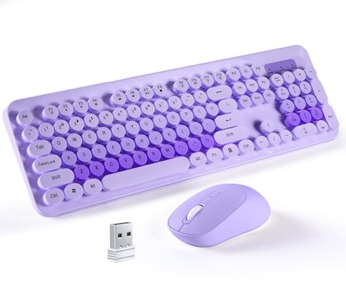 SOPPY Wireless Keyboard and Mouse Combo, 2.4GHz Retro Typewriter Keyboard, Round Keycaps,USB Receiver Plug and Play,Full-Size, Compatible with PC/Desktop/Laptop/Windows, US Layout, Colorful Purple