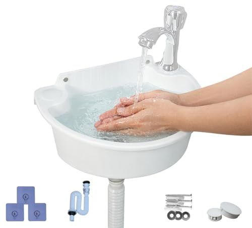Kensbro Lavabo camping plástico montaje pared desagüe fácil instalación | con tubo de drenaje, paquete de tornillos, tacos y cubierta de orificios para inodoro, camping, caravanas, sótanos, jardines