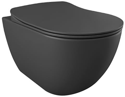Creavit RimOff WC Komplettset Wand WC, spülrandloser Tiefspüler, Duroplast Softclose WC Sitz antibakteriell, waagerechter Abgang, verdeckte Anschlüsse, Maße 35,5x35x51 cm, Anthrazit matt