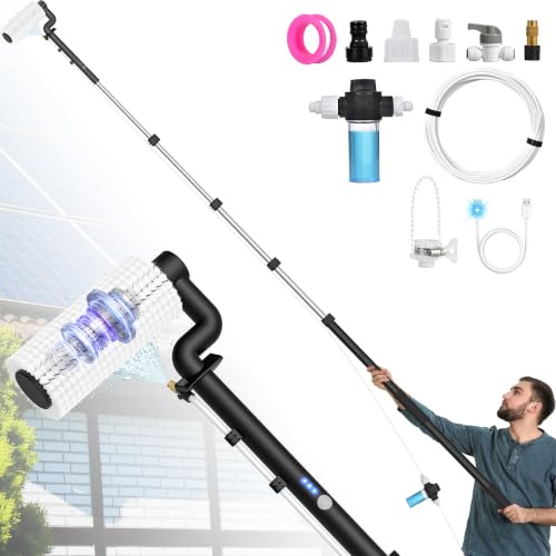 Electric Solar Panel Cleaning Brush, 20Ft, Soap Dispenser & Water Fed Pole | 2 Speed & Soap Dispenser Window Washing Kit with Extension Pole, Outdoor Window Cleaning Tool for Solar Panel, Roof, RV