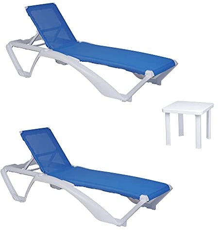 resol grupo garbar ACQUA-Andorra Set 2+1 Tumbona-Mesa Auxiliar Exterior | jardín, terraza, balcón, Playa, Piscina | apilable, reclinable, Ruedas, Posavasos | Estructura Blanca - Textilene Azul