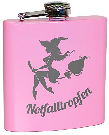 Pixelstudio Notfalltropfen Flachmann in Pink für Frauen | Lustiges Geschenk für Feiern, Partys, JGA, zum Wandern, Skifahren, Bergsteigen etc. | Alkohol Flasche mit Hexe auf Besen, Rosa