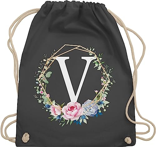 Shirtracer Turnbeutel Rucksack - Geschenk Initialen - Tasche - Blumenkranz mit Buchstabe V - Unisize - Dunkelgrau - turnsackerl kindergarten buchstaben beutel kita anfangsbuchstabe beuteltasche name