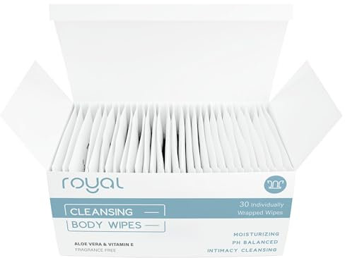 Royal Body Wipes - Organic Biodegradable Wet Towelettes for Natural Feminine Hygiene Care, Face Cleansing - Women, Men, & Baby-Safe, Anti-Itch - Vitamin E & Aloe Extract, Unscented - 30 Single
