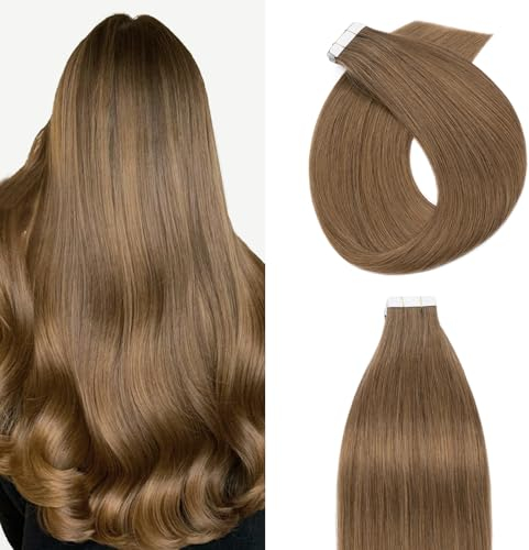 Silk-co Tape Extensions Echthaar 20stk, Haarverlängerung Tape in Extensions Echthaar, Remy Haarextension Kleber Skin Weft Tape Ins, 50g 06# Hellbraun 45cm