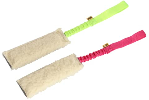 Dingo Set Hundespielzeug Schafwolle mit Griff Bungee 20 cm x 6 cm Grün Beißwürst Pink Beißwurst Agility Apporte Spiel Training Z30003