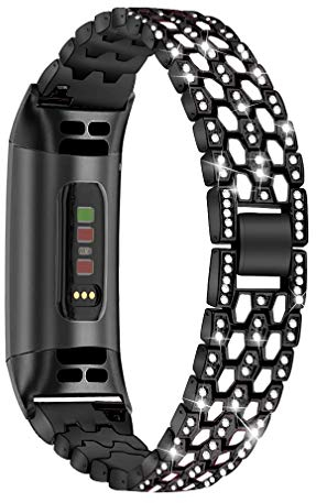 GIMart Metallarmband, kompatibel mit Fitbit Charge 4/Charge 3/3 SE, für Damen und Herren, glitzernd, Strass, Edelstahl, Ersatzband, Armband für Charge 4/Charge 3 Fitness-Tracker (Schwarz)