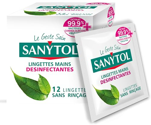 Sanytol - Lingettes Désinfectantes Individuelles Mains - Bactéricide, Virucide, Fongicide - Sans Rinçage - Parfum Thé Vert - Étui Individuel - x 12