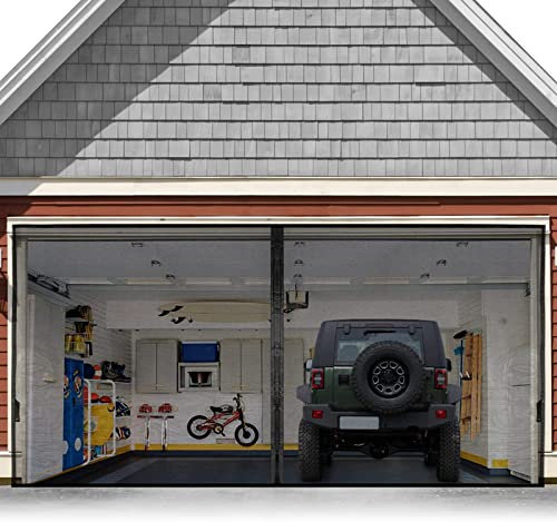 Écran de porte de garage pour 2 voitures 4,6 x 2,1 m Écran magnétique avec maille rétractable en fibre de verre et fond lesté robuste Montage et passage faciles Porte écran mains libres avec