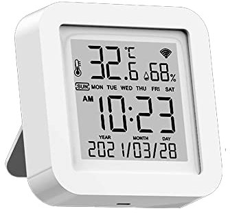 Kavolet Tuya Thermometer, Hygrometer, Temperaturfühler, WiFi, LCD-Display, USB-Aufladung, ℉/℃ Änderung der Uhrzeit/Datum/Temperatur/Luftfeuchtigkeit, kompatibel mit Alexa