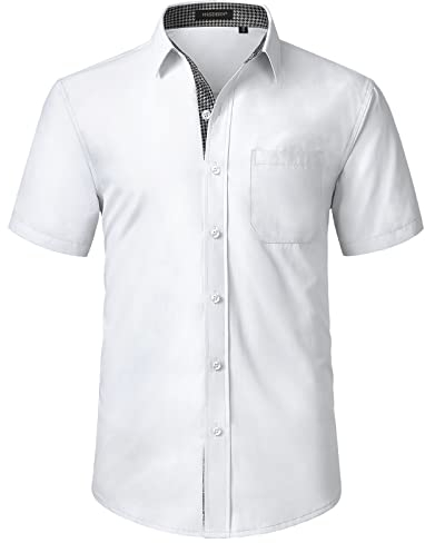 HISDERN Chemise Blanche à Manches Courtes pour Hommes décontractée d'été Chemise Classique à Coupe régulière avec Poches, Blanc,L