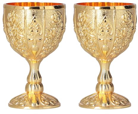 Gobelet Vintage, Vintage Goblet Calice, Gobelet à vin médiéval en Acier Inoxydable, 2pcs Vintage Gobelet Verres à Vin Dorés Tasse en Relief Ornements Rétro pour Bar à La Maison, Fête, Mariage(Une)