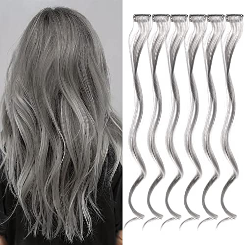6 STÜCKE, DIY Farbige Lockige Haarverlängerungen Haarsträhnen Zum Einklipsen, Hitzebeständige Synthetische Highlight Perücken, Strähnchen Clip in Extensions Haarteil, Grau