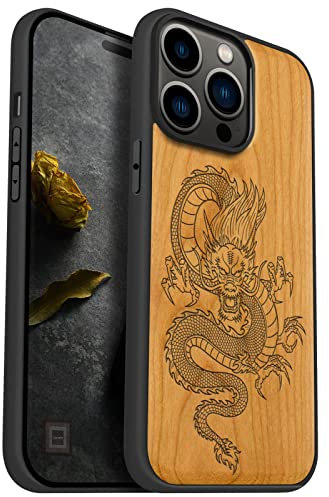 Carveit Magnetic Wood Case for iPhone 14 Pro Max [Hard Real Wood & Soft TPU] Shockproof Hybrid Protective Cover Unique & Classy Wooden Case Compatible with MagSafe (Dragon-Cherry)
