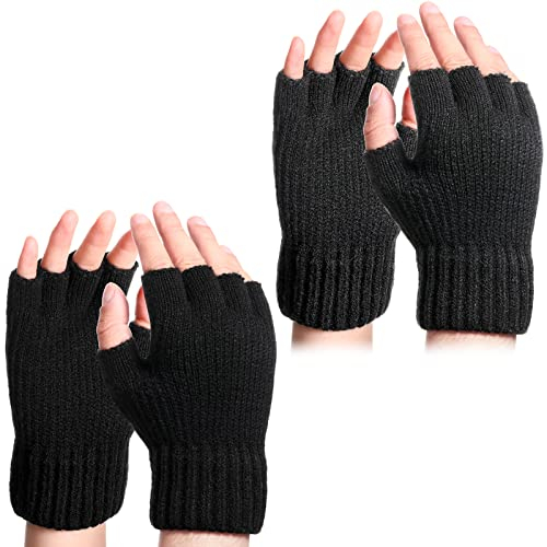 Bencailor 2 Paar Gestrickte Fingerlose Fäustlinge mit Weichem Futter Strick Herren Gestrickte Handschuhe (Schwarz, Grau)