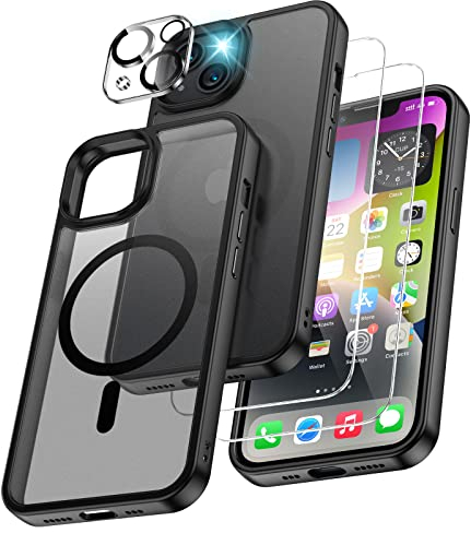 XINKAE 4 in 1 Handyhülle für iPhone 14 Hülle mit Magsafe, Hülle für iPhone 14 mit Schutzglas, Militärqualität Handy Schutzhülle [stoßfest] [magnetisch] für iPhone 14 Cover Case. Matt Schwarz