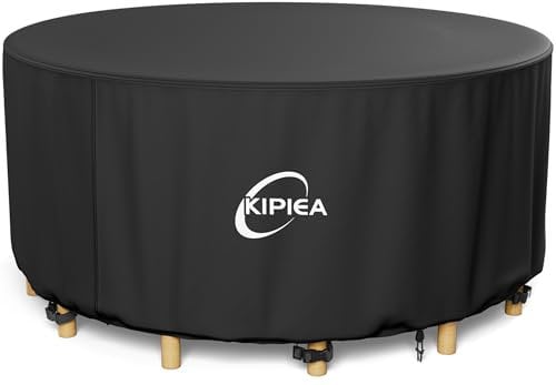 Kipiea Gartenmöbel Abdeckung Rund Winterfest, 420D Oxford Gewebe Gartentisch Abdeckung Rund Wasserdicht, Abdeckplane für Gartenmöbel und Gartentische mit Winddicht, Anti-UV, Reißfest (Ø158x71cm)