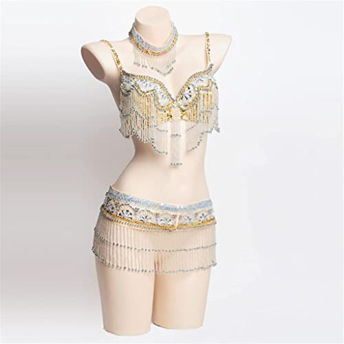 BAtlam Frauen-Tanzoberteile Kette Perlen Bauchtanz-BH-Gürtel Stammes-Bauchtanz-Kostüm-Set Kleidung (Farbe : Grün, Größe : S-Code) (Gold S-Code)