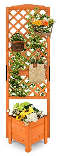 COSTWAY Jardinière avec Treillis en Bois de Sapin avec Trou de Drainage, Bac à Fleurs pour Plante Grimpante Vigne, Lit de Jardin Résistance aux Intempéries, Orange (54,5x52x180 cm)