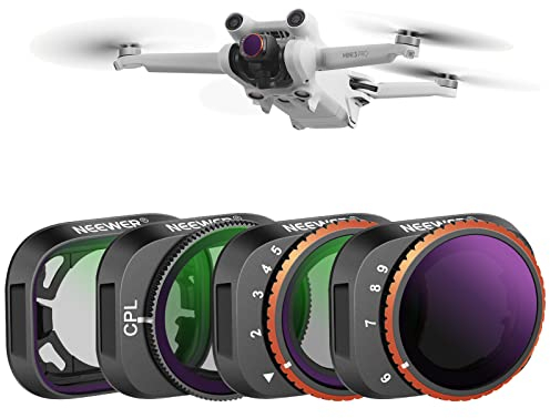 NEEWER Kit Filtro ND Variabile Limitato Compatibile con DJI Mini 3/Mini 3 Pro, 4PZ ND4 ND32(2-5 stop)/ND64 ND512(6-9 stop)/Filtri CPL/UV con Vetro Ottico HD Accessori Obiettivo Drone/Telaio Alluminio