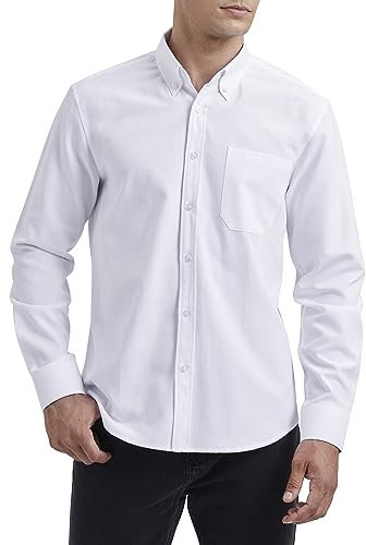HISDERN Men's White Oxford Shirt Long Sleeve Casual Plain Button Down Smart Dress Shirts for Men Adult with Pocket Regular Fit L