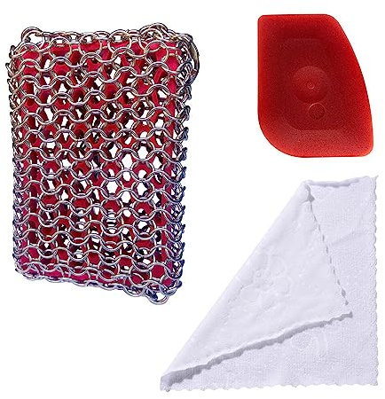 Cast Iron Skillet Cleaner, 316 Chainmail Scrubber Built-in Silicone Cast Iron Cleaner for Cast Irons Grill Pan Skillet Wok Bakeware Easy to Use Dishwasher Safe, Scrubber + Scraper + Towel