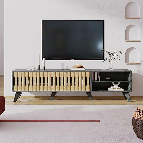 2 Cajones 2 Puertas Mueble TV Mueble TV Diseño Único Puertas De Listones De Madera. Combinación de madera vintage y negro.
