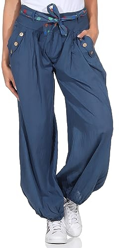 ZARMEXX Pantaloni harem bouffant con cintura, tinta unita, pantaloni a palloncino, pantaloni Aladin, pantaloni estivi da yoga, taglia unica, Blu Jeans, 38-44