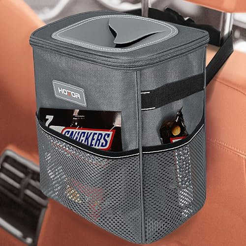 HOTOR Foldable, Waterproof Car Bin with Lid, Multipurpose Rubbish Bin, Adjustable Straps, Multiple Pockets, Grey