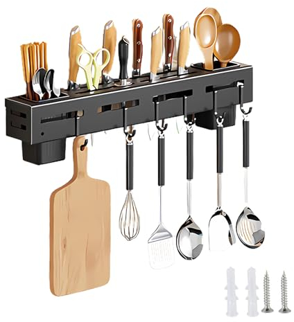 Docache Portacoltelli da Cucina, Portacoltelli a Parete, Porta Utensili da Cucina, con 6 Ganci, Ceppi Portacoltelli Autoadesivi, per Corridoio Bagno Cucina (Black)