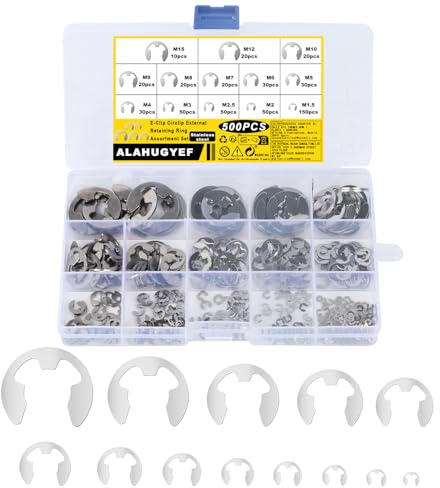 E-Clips, 500 Stk E-clip Sprengringe Set, E Clip Sicherungsringe Sortiment Set, Interner Externer Sprengring Unterlegscheiben für Befestigen Lagern Zahnrädern Riemenscheiben, 13 Größen