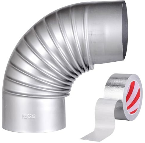 Beekeg Tubo per fumo 90°, tubo per stufa 90°, gomito per stufa, tubo di scarico in acciaio inox con nastro adesivo in alluminio da 5 m (80 mm a 90°)